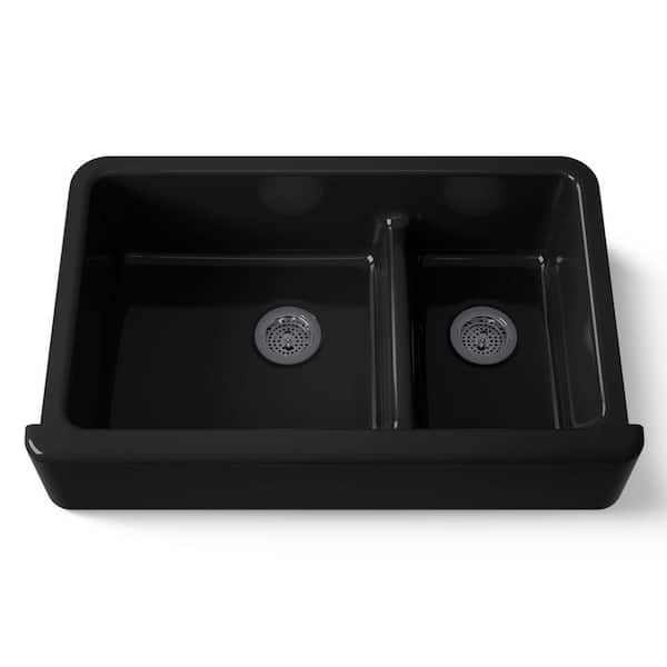 Whitehaven Smart Divide Farmhouse Apron-Front Cast Iron 36 in. Double Basin Kitchen Sink in Black