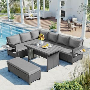 Gray 5-Piece Wicker Outdoor Sectional Set with Table, Gray Cushions, 2 Extendable Side Tables and Washable Covers