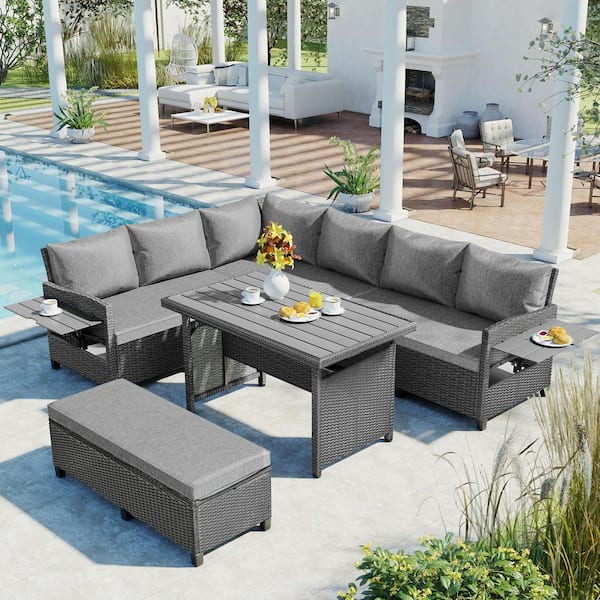 Zeus & Ruta Gray 5-Piece Wicker Outdoor Sectional Set with Table, Gray Cushions, 2 Extendable Side Tables and Washable Covers
