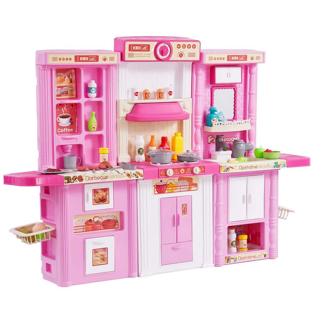 VEVOR Kids Kitchen Playset 3-In-1 Toddler Kitchen with Simulated Spray Sounds and Lights Play Kitchen Set with Pink 74-Pieces