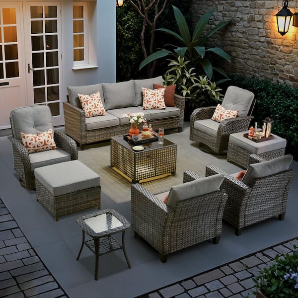 New Vultros Gray 9-Piece Wicker Patio Conversation Set with Dark Gray Cushions and Solar LED Coffee Table