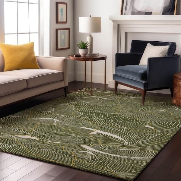 Mayfield Premium Machine Washable Abstract AMF1048 Olive 9 ft. x 12 ft. Area Rug