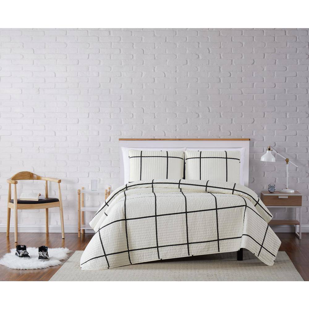 King Black and White Microfiber Windowpane Quilt Set
