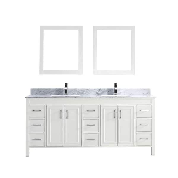 Studio Bathe Dawlish 75 in. Vanity in White with Marble Vanity Top in Carrara White and Mirror