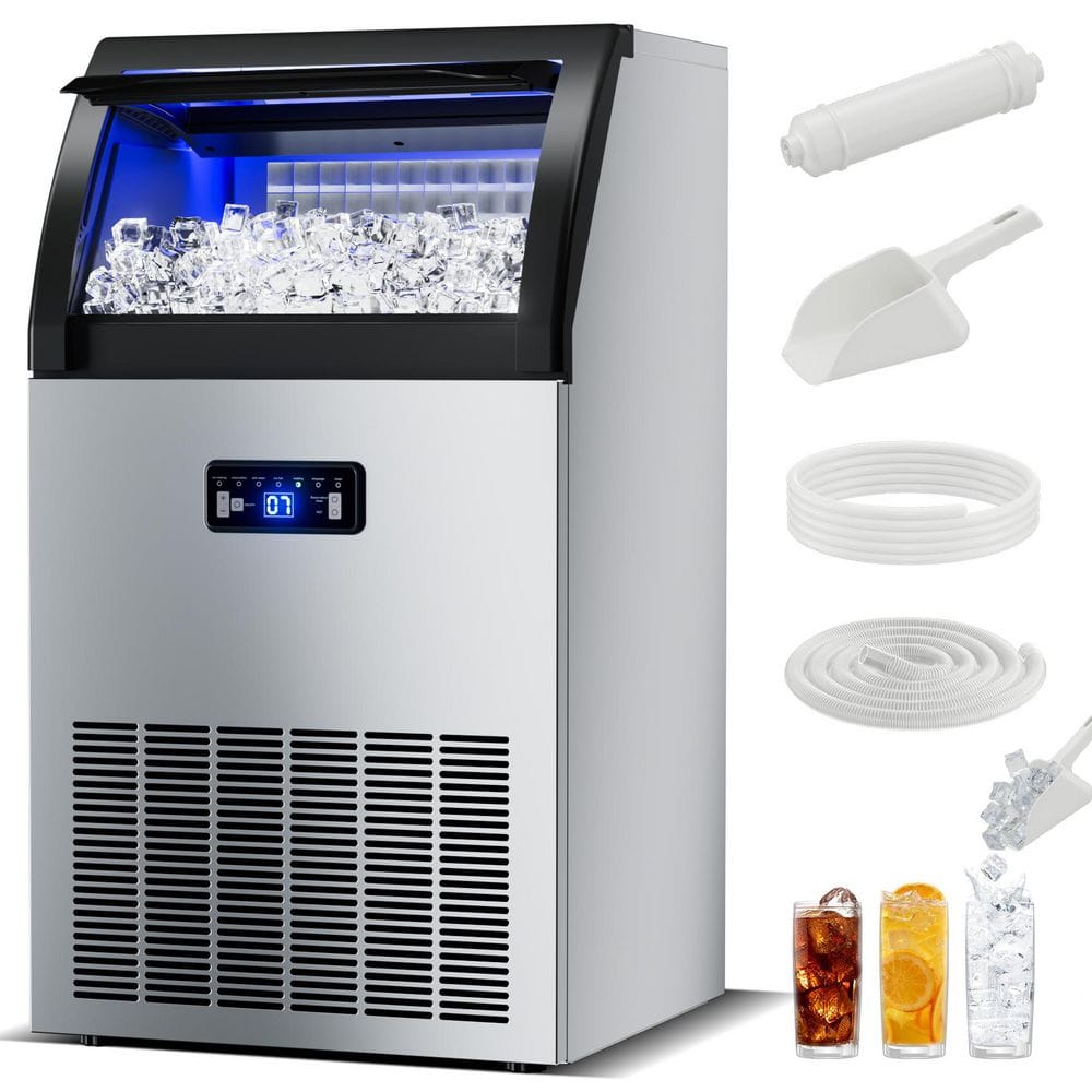 17 in. 150 lbs. /24H Commercial Freestanding/Built-in Ice Maker with 50 lb. Storage Bin in Silver, Stainless Steel
