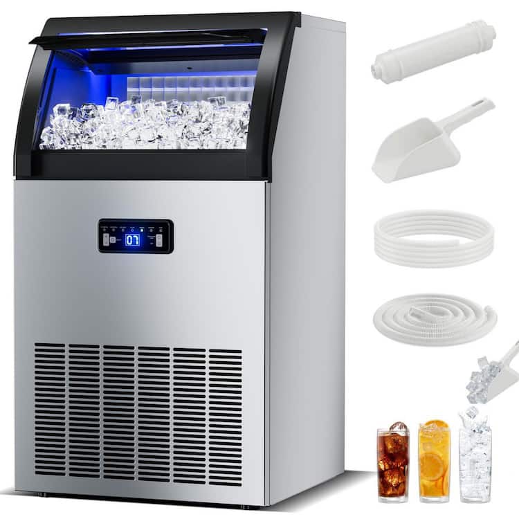 ANDTE 17 in. 150 lbs. /24H Commercial Freestanding/Built-in Ice Maker with 50 lb. Storage Bin in Silver, Stainless Steel
