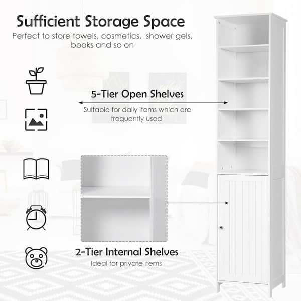 Easyfashion Tall Slim Storage Cabinet with Single Door and Open Shelves for Home Small Space, White, Size: 16 inch Large x 12 inch W x 60.5 inch H