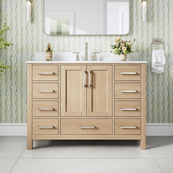 48 in. Freestanding Oak Solid Wood Bath Vanity with Durable Carrara White Cultured Marble Top, Soft-Close, Assembled