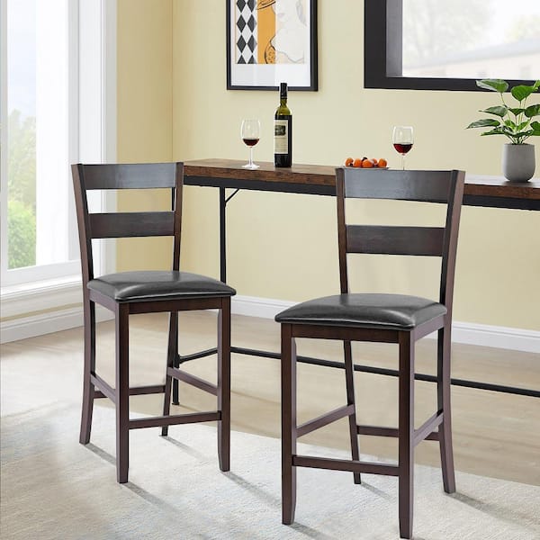 39 in. Espresso 25 in. Low Back Wood Bar Stools Counter Height Chairs with PU Leather Seat (Set of 2)