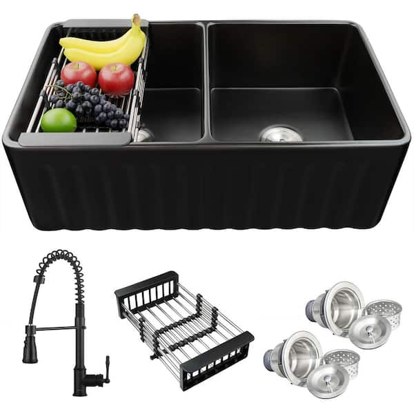 AKDY Black Fireclay 33 in. Double Bowl Apron-Front Kitchen Sink
