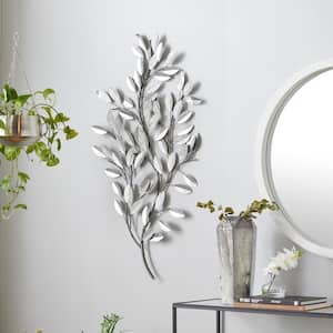 25 in. x  44 in. Metal Silver Metallic Leaf Wall Decor with Stem