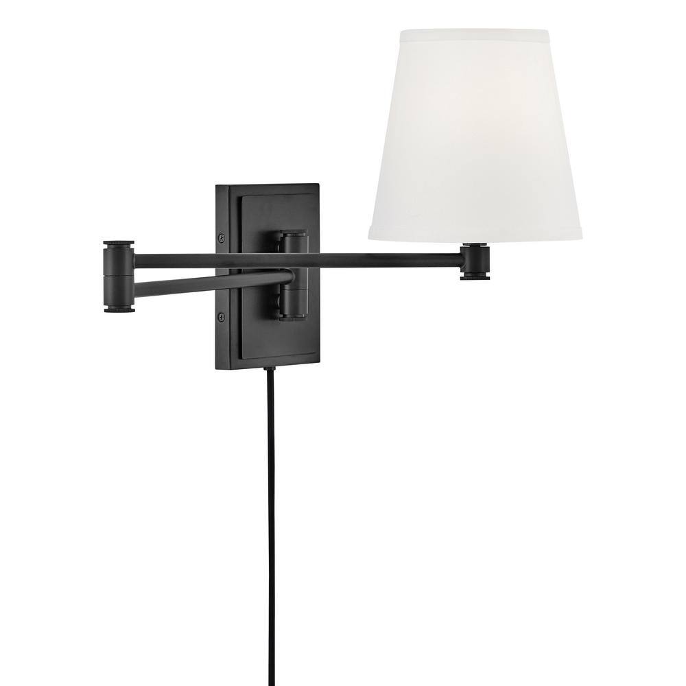 Black Steel Dimmable Plug-in Swing Arm Sconce with White Shade