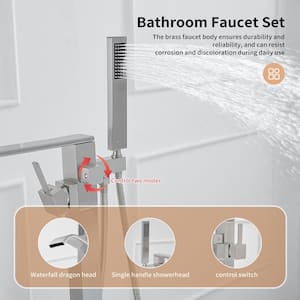 Single-Handle Floor Mount Freestanding Bathtub Faucet Waterfall Tub Filler with Handheld Shower in Brushed Nickel