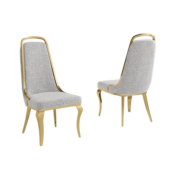 Bora Rich Grey Boucle Fabric Side Chair (Set of 2) with Gold Legs