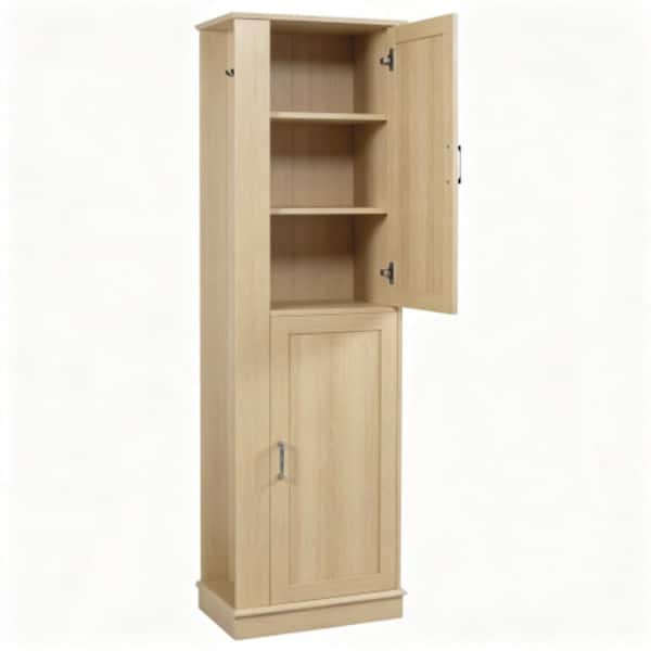 21 in. W x 14 in. D x 68 in. H Tall Bathroom Storage Cabinet with Adjustable Shelves and Hooks, MDF Board, Natural
