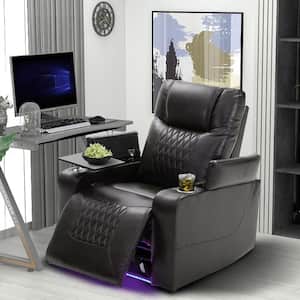 Black PU Power Motion Recliner with USB Charging Port Hidden Storage Convenient Cup Holders, 360° Swivel Tray Table