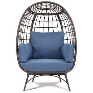 Brown Frame Wicker Outdoor Egg Lounge Chair, with Blue Thick Cushions, Sturdy and Durable, for Garden, Patio