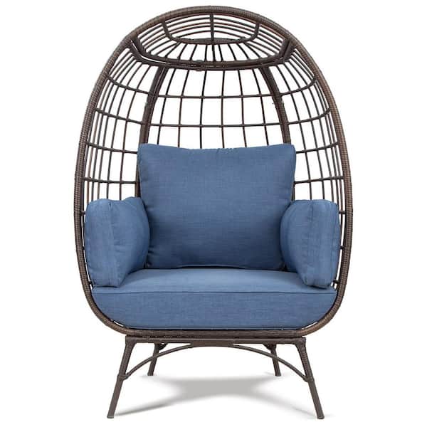 Unbranded Brown Frame Wicker Outdoor Egg Lounge Chair, with Blue Thick Cushions, Sturdy and Durable, for Garden, Patio