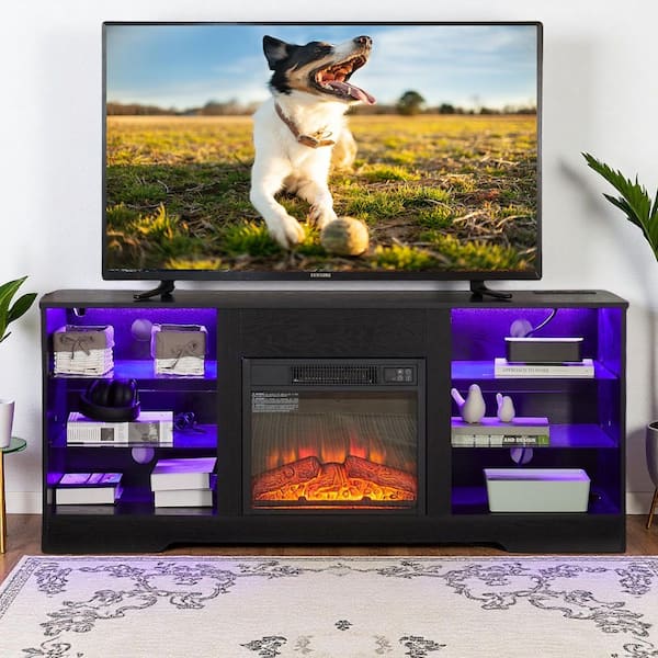 58 in. Freestanding Wood Electric Fireplace TV Stand with Glass Shelves, LED Lights, USB Charging Outlet for 62 in TV