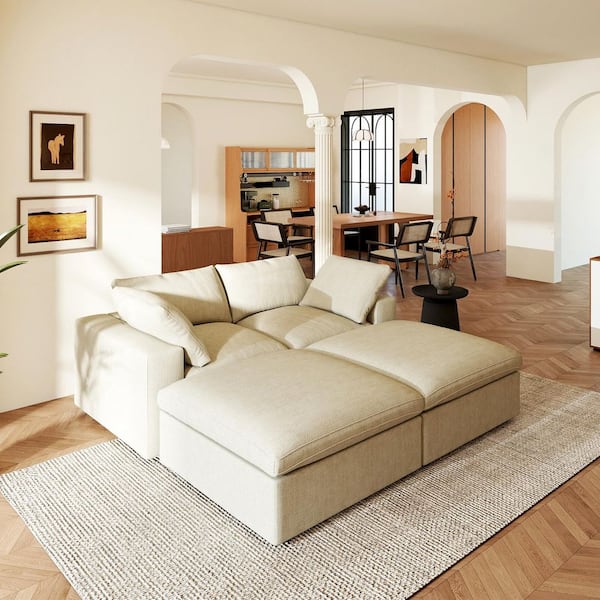 Magic Home 79 in. Modular Khaki Linen Down Filled Full Size 2-Seat Sleeper Sofa Bed with 2-Storage Ottomans, Washable Covers