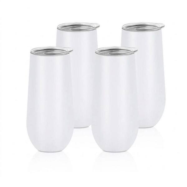 4-Pack Stemless Champagne Tumblers, 12 oz Double-Wall Insulated Flutes with Lids and Straws, White