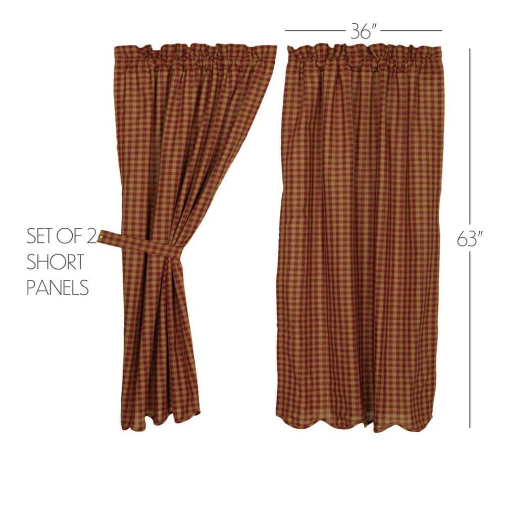 Burgundy Check Cotton Rod Pocket Window Panels with Tie Backs