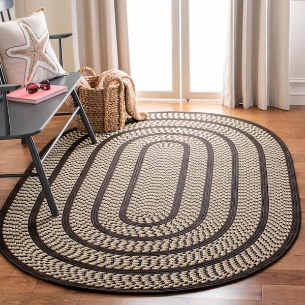 Braided 6 ft. x 9 ft. Oval Ivory/Dark Brown Border Area Rug