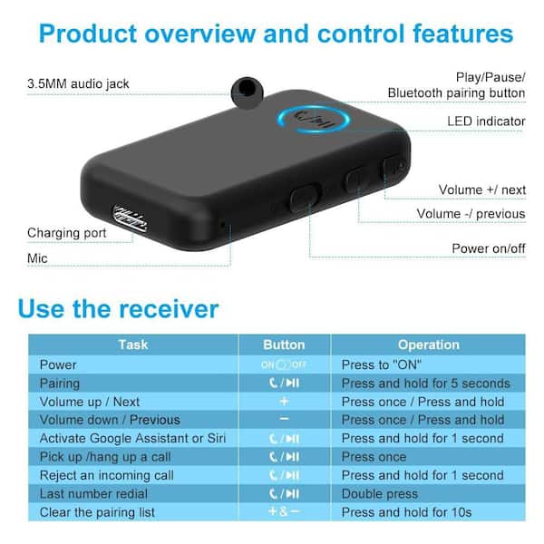 Bluetooth 5.4 Receiver For Car & Home – Wireless Audio Adapter With Noise Cancelling Mic, 16H Battery