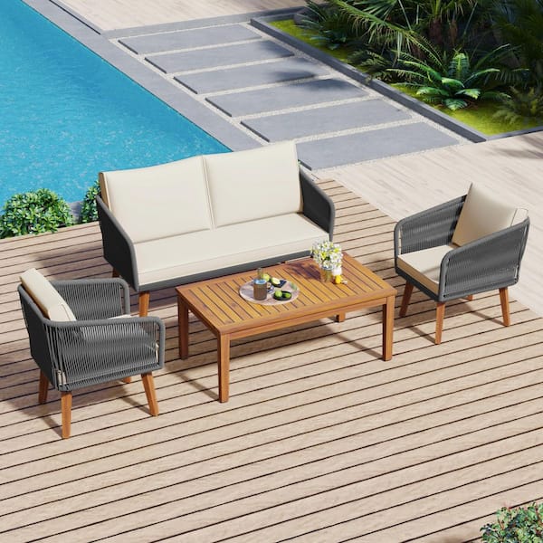 Unbranded Gray 4-Piece Wood Outdoor Patio Conversation Set with Beige Cushions, Solid Wood Loveseat for Backyard, Poolside, Garden