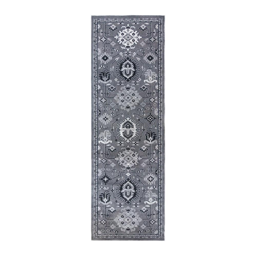 Gray Synthetic Stain-Resistant Oriental Runner Rug 2'6" x 8'