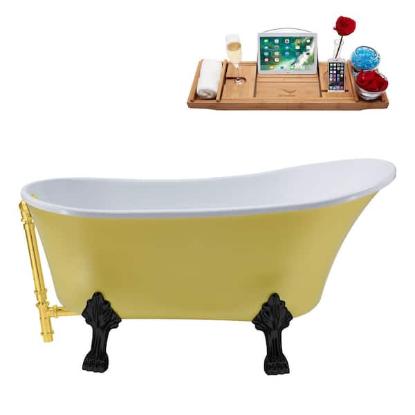 Streamline 55 in. Acrylic Clawfoot Non-Whirlpool Bathtub in Matte Yellow With Matte Black Clawfeet And Polished Gold Drain