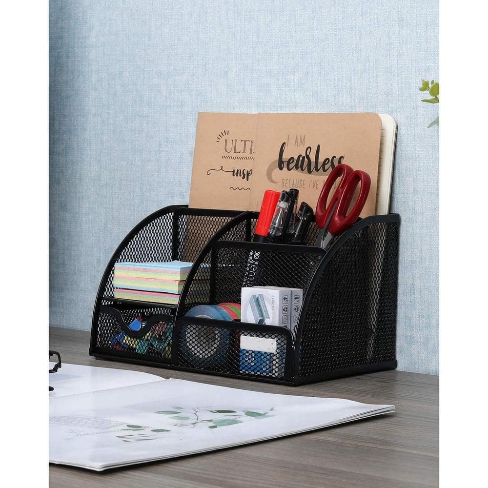 Vedett Office Desk Organizer with 6 Compartments + Pen Holder / 72 Accessories, Desk Accessories Organizers for Office, Home, School (Black)