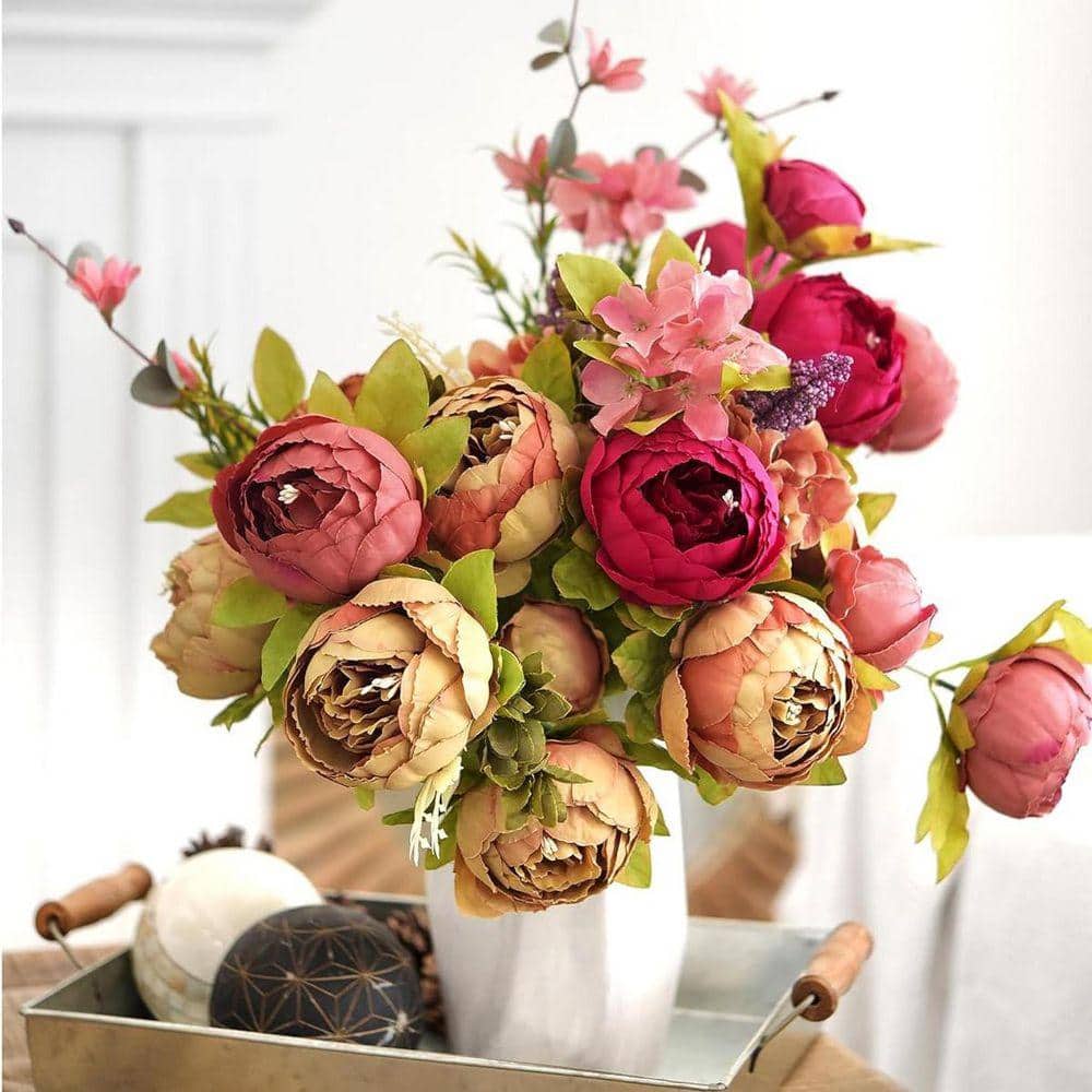 19.7 in. Brown Indoor Artificial Peony Flower 2-Bouquets