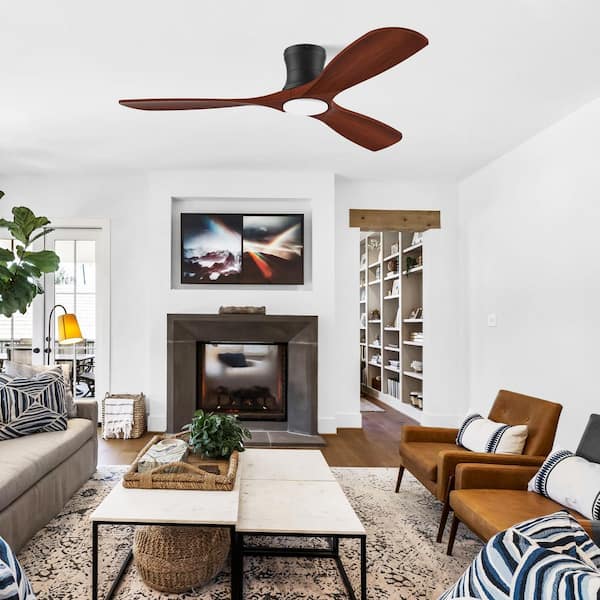 52 in. Wood Smart Outdoor Indoor Black Flush Mount Ceiling Fans w/Lights Remote,WIFI Alexa App workable,Quiet DC Motor