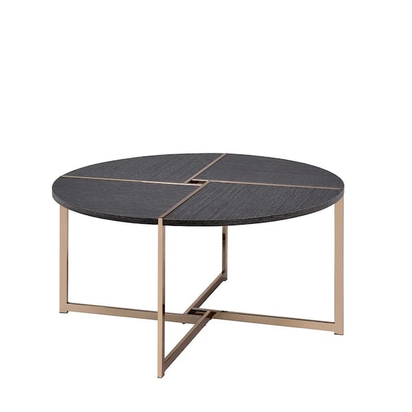 Acme Furniture Bromia 35 in. Black and Champagne Round Wood Coffee Table with Metal Legs with X-Shape Support