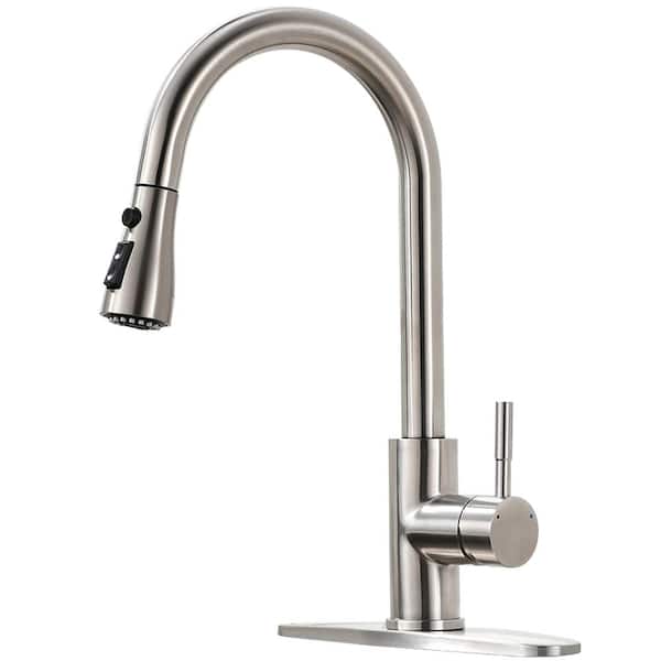 BWE Single-Handle Pull-Down Sprayer 2 Spray High Arc Kitchen Faucet with Deck Plate in Brushed Nickel