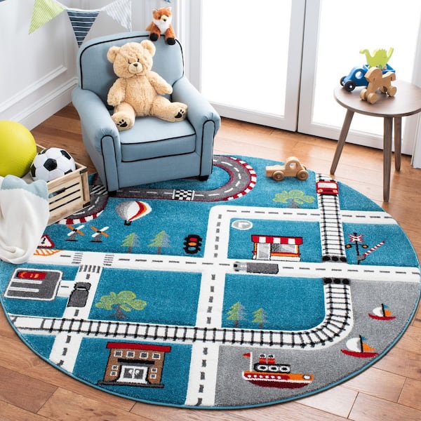 Carousel Kids 4 ft. x 4 ft. Turquoise/Ivory Geometric Round Rug