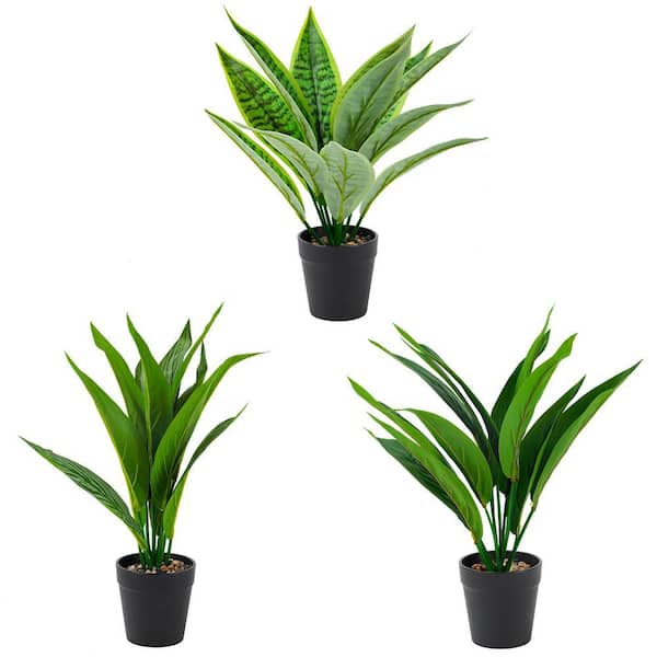 Oumilen 3-Pack 15 in. Green Leafy Artificial Plant Faux Indoor Home Decor Greenery Decorative Round Planter