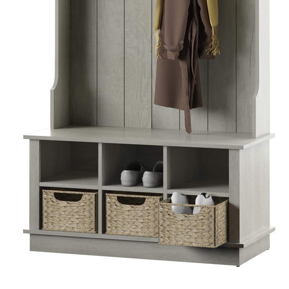 Fairfax Oak Hall Tree with Open Storage and Woven Baskets