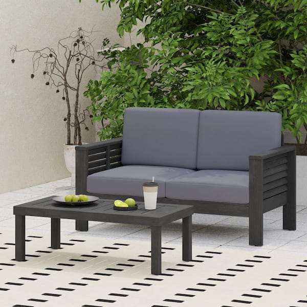 Unbranded 2-Seater Acacia Wood Outdoor Couch Set with Coffee Table and Dark Grey Cushions for Pool, Balcony, Garden, Backyard