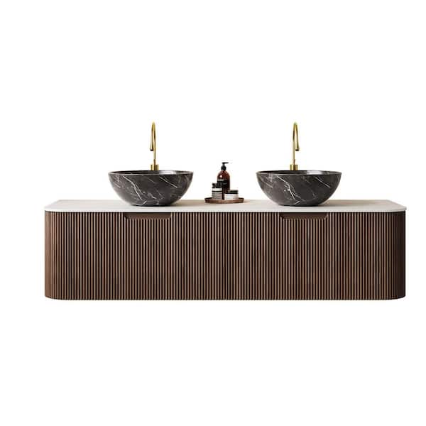 60 in. Wall-Mounted Dark Walnut Bath Vanity with Carrara White Sintered Stone Top Pre-Assembled