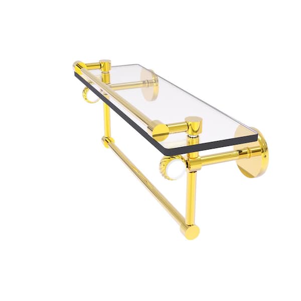 Allied Brass Clearview 16 in. W x 6.7 in. H x 5.8 D Glass Rectangular Shelf in Polished Brass with Towel Bar and Twisted Accents
