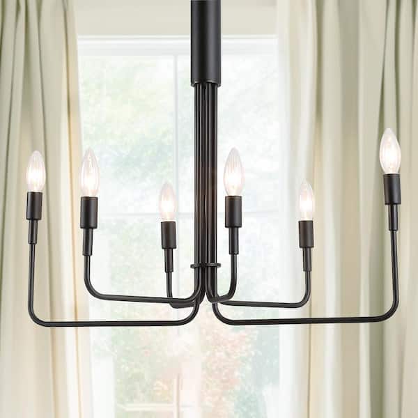 YANSUN 20 in. 6-Light Matte Black Modern Empire Hanging Candlestick Chandelier for Living Room