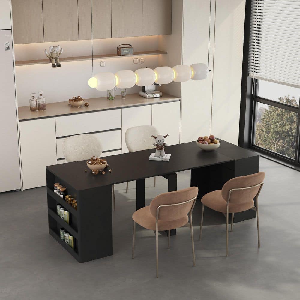 Rivergrove Modern Black MDF Wood Top Rectangle Double Pedestal Extendable Foldable Dining Table with Shelves, Seats 10