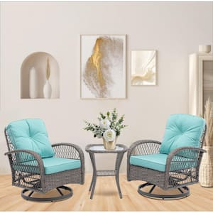 Wicker Indoor & Outdoor Rocking Chair Set with 360-Degree Swivel Patio Rocker, Glass Coffee Table and Blue Cushions