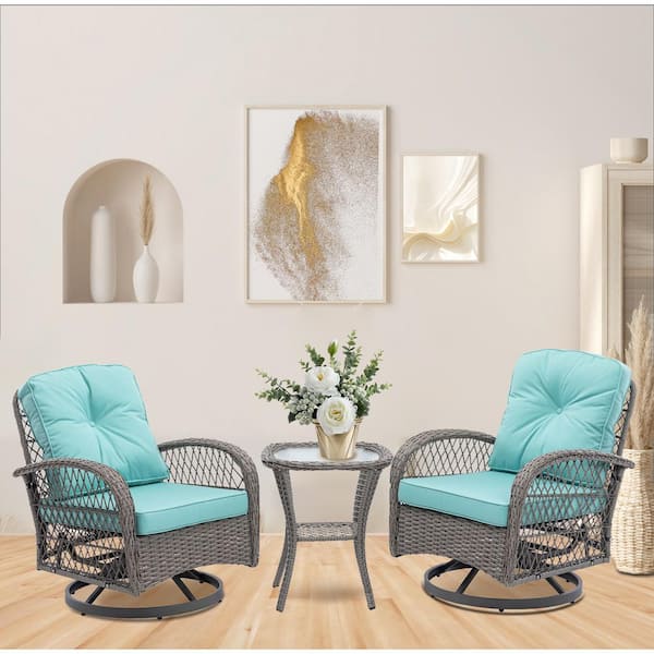 Unbranded Wicker Indoor & Outdoor Rocking Chair Set with 360-Degree Swivel Patio Rocker, Glass Coffee Table and Blue Cushions