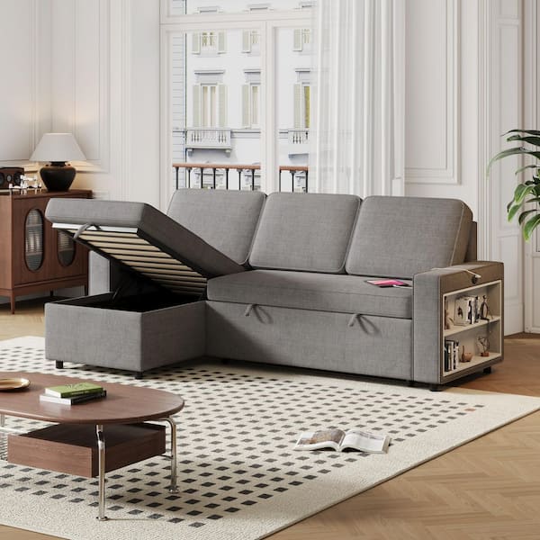 Dark Grey 85.8 in. LShaped Polyester Convertible Pull-Out Sleeper Sofa Bed with Storage Chaise Racks and Charging Ports