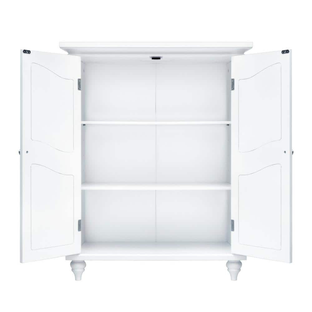 White Wooden Cabinet with Adjustable Shelves and Engraved Doors