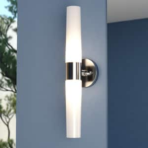 Elliot 5.5 in. W 2 Light Vanity Light Satin Nickel Contemporary Bathroom Wall Sconce Fixture White Glass