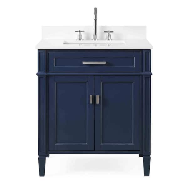 Benton Collection Durand 30 in. W x 22 in D. x 35 in. H White Quartz Vanity Top in Navy Blue with White Rectangular Sink Vanity